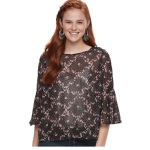 Juniors rewind crochet back bell sleeve shirt top